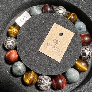 Aurum Brothers 8 inch Tiger Eye, sterling silver, gray bead bracelet